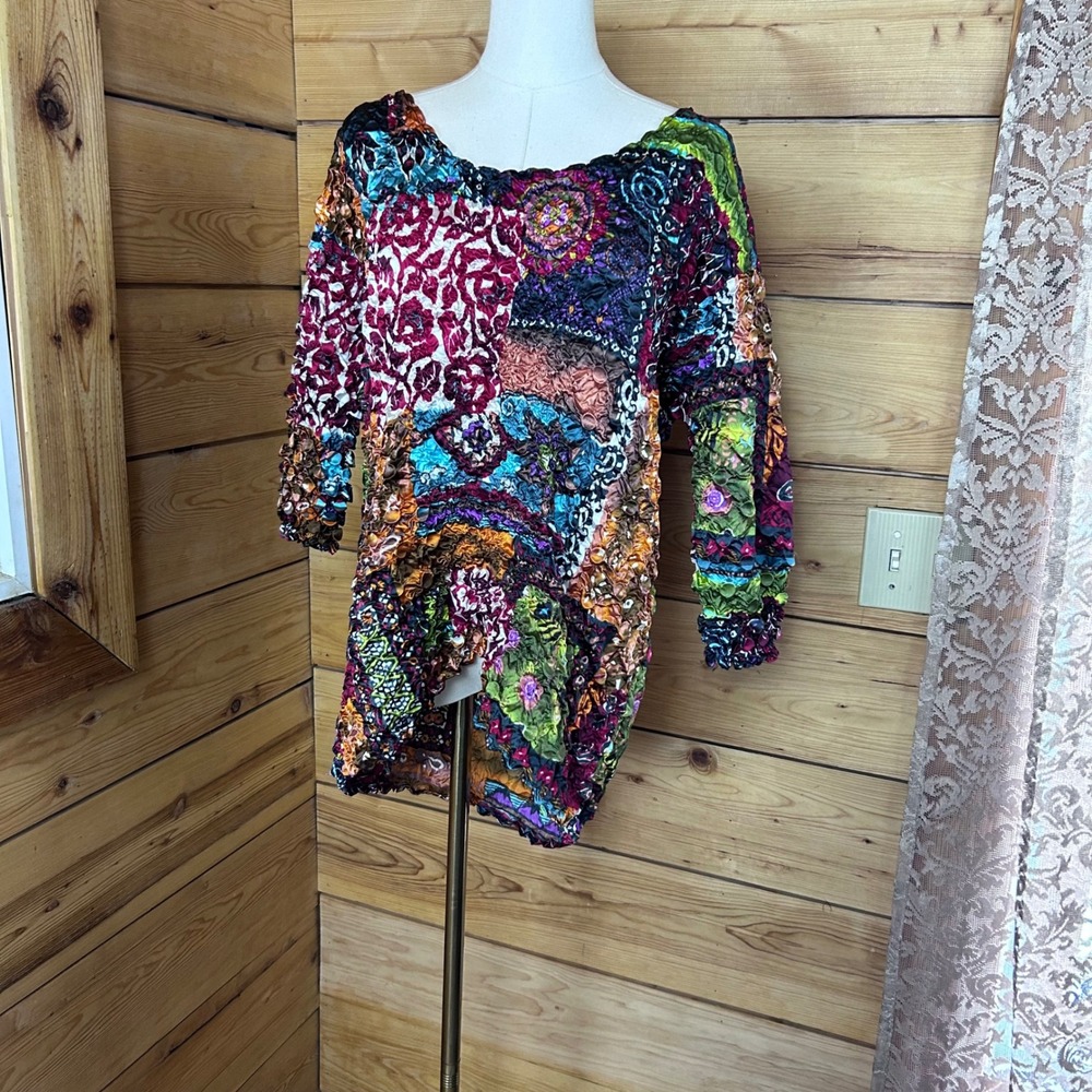 Vintage Popcorn Shirt Bubble Top Women One Size Multicolor Patchwork TonTon